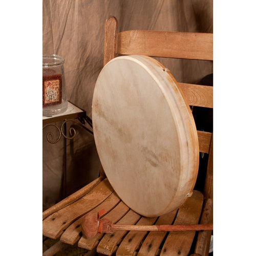 Front of the Roosebeck 16 inch tunable frame drum showing the natural goatskin head