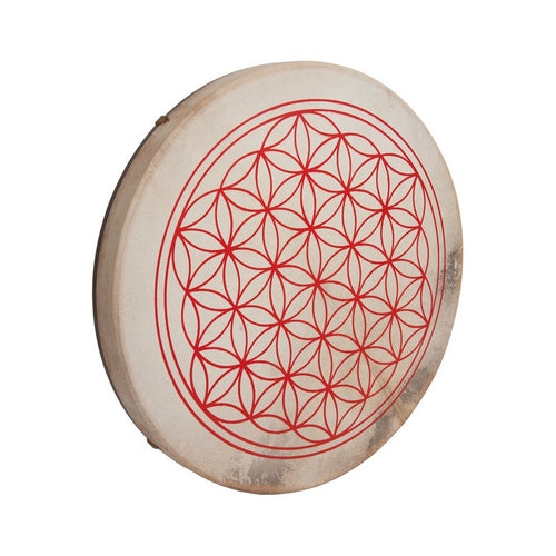 Roosebeck 18 inch Circle of Life frame drum with a red pattern of interlocking circles on the goatskin head