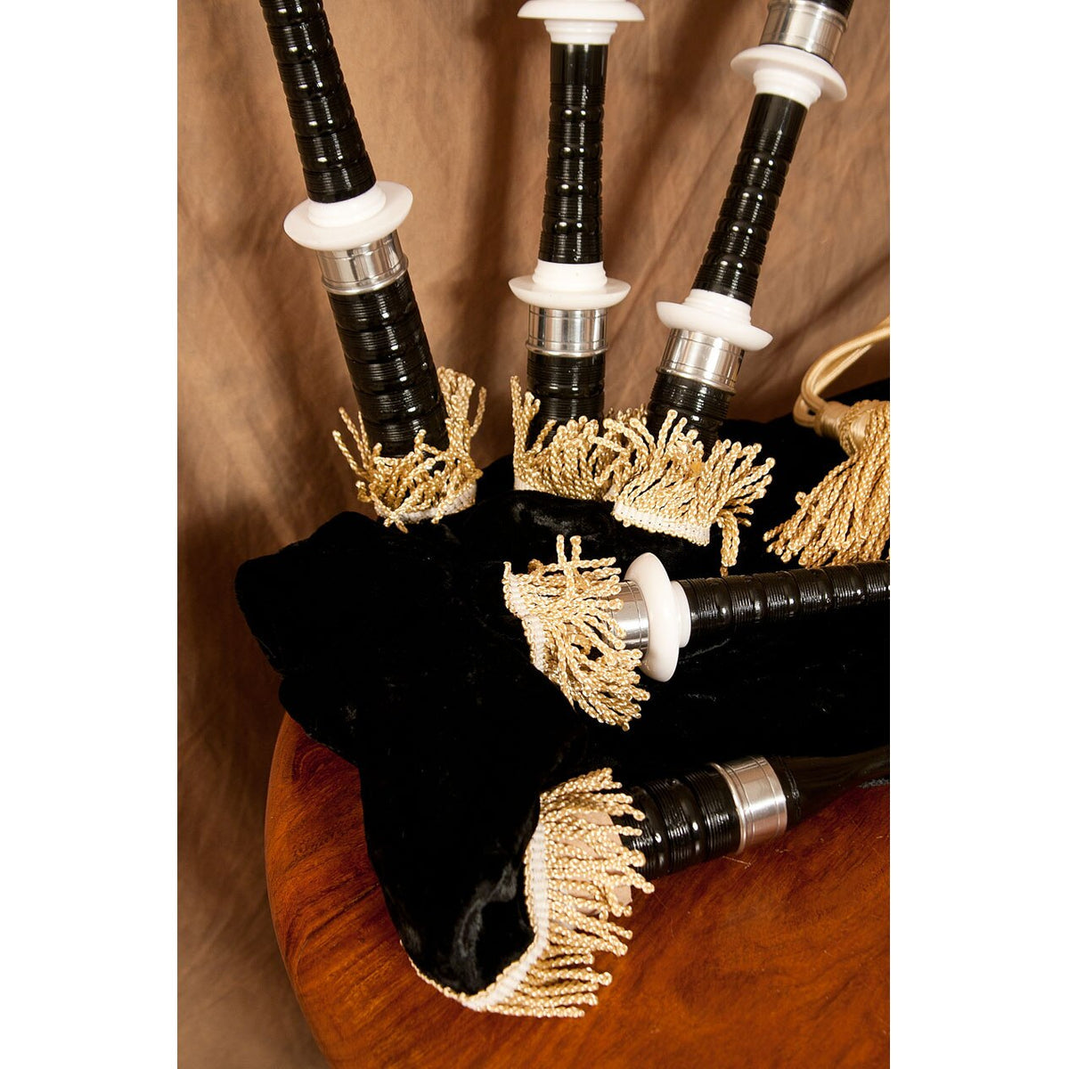Close view of the black finish drones on the Roosebeck bagpipe