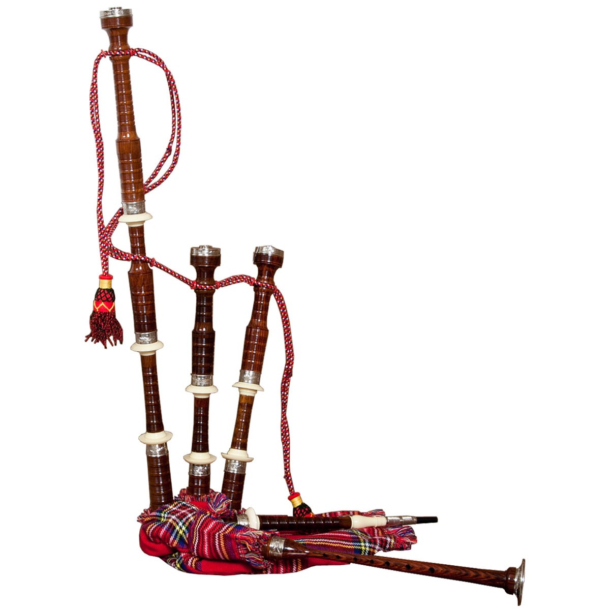 Roosebeck full size Rosewood bagpipe with engraved nickel fittings and Royal Stewart tartan cover