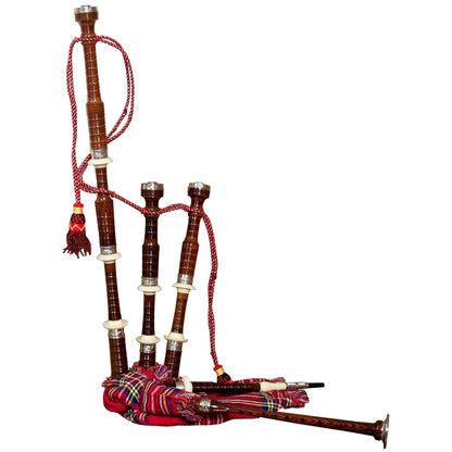 Roosebeck full size Rosewood bagpipe with engraved nickel fittings and Royal Stewart tartan cover