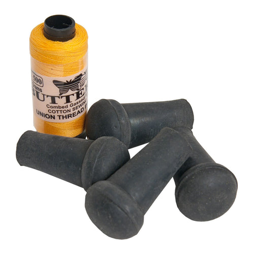 Four Roosebeck rubber drone stoppers with a spool of yellow thread