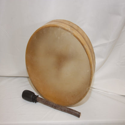 Roosebeck 12 inch antler handle frame drum standing upright with its beater