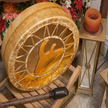 Back of the Roosebeck 12 inch frame drum showing the handle and rawhide lacing