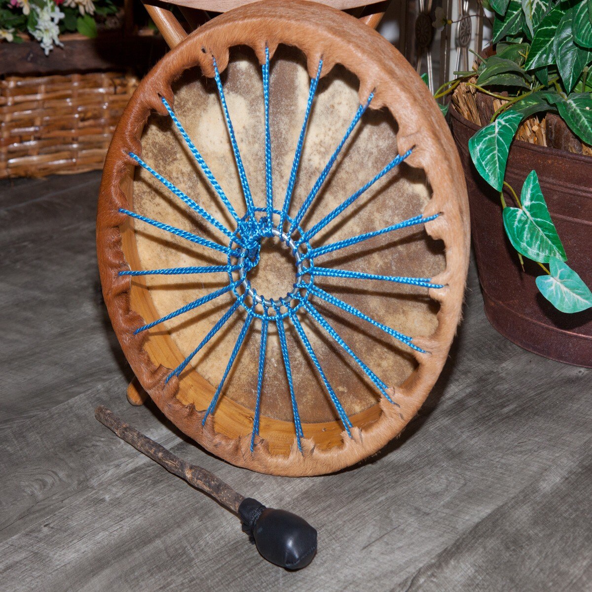 Back of the Roosebeck 14 inch hair-on calfskin frame drum showing the rawhide lacing