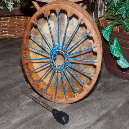 Back of the Roosebeck 14 inch hair-on calfskin frame drum showing the rawhide lacing