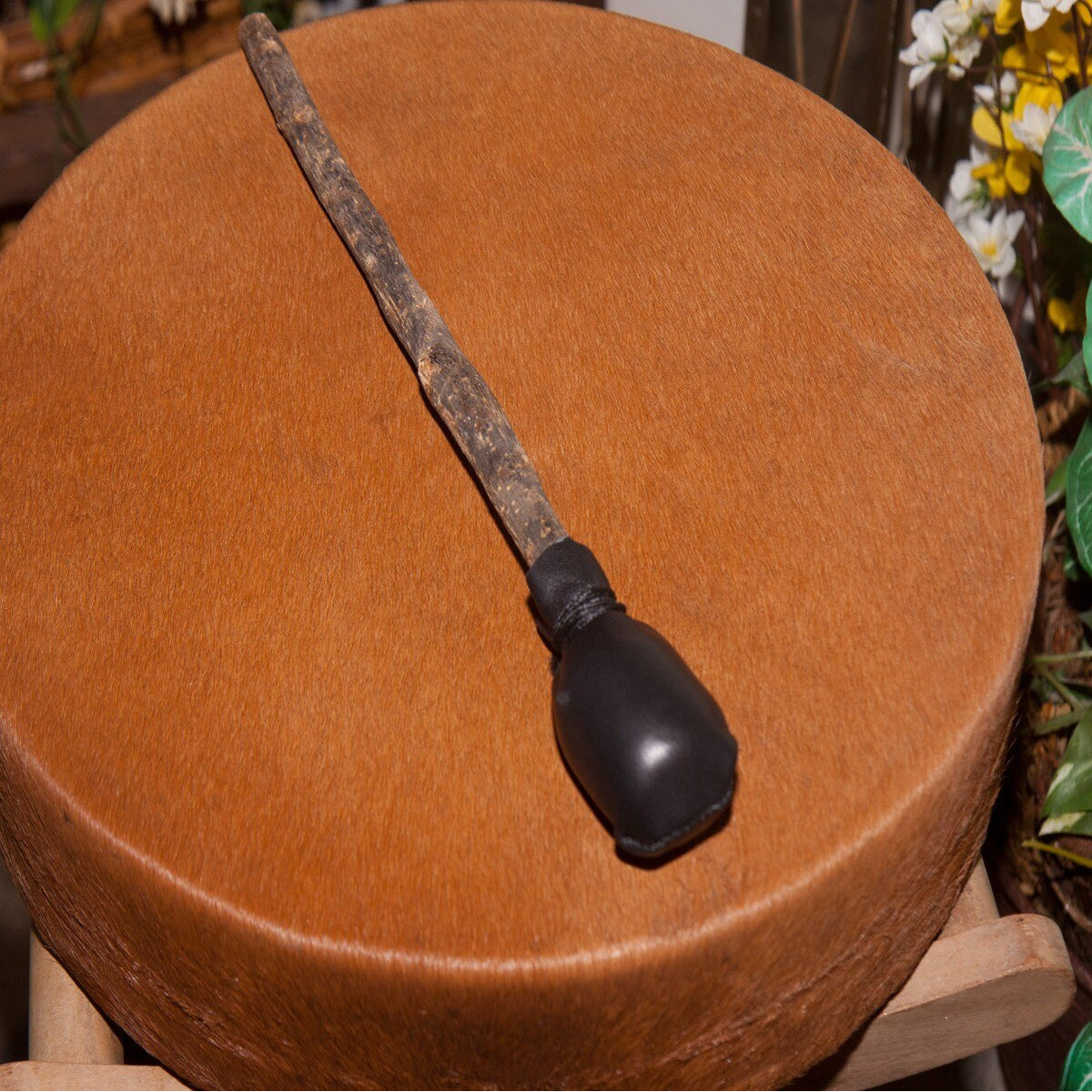 Close view of the hair-on calfskin head of the Roosebeck 14 inch frame drum