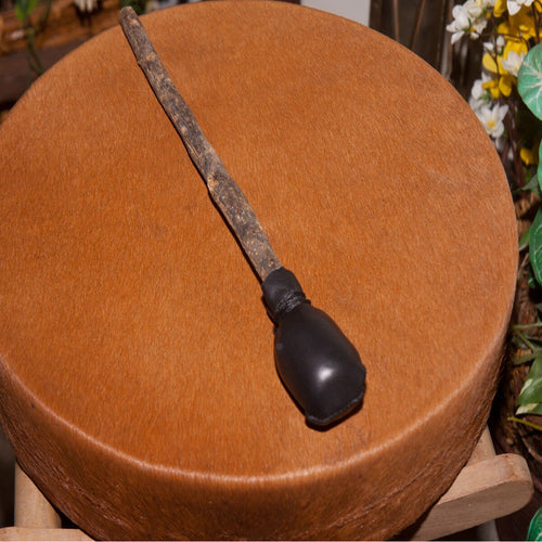 Close view of the hair-on calfskin head of the Roosebeck 14 inch frame drum