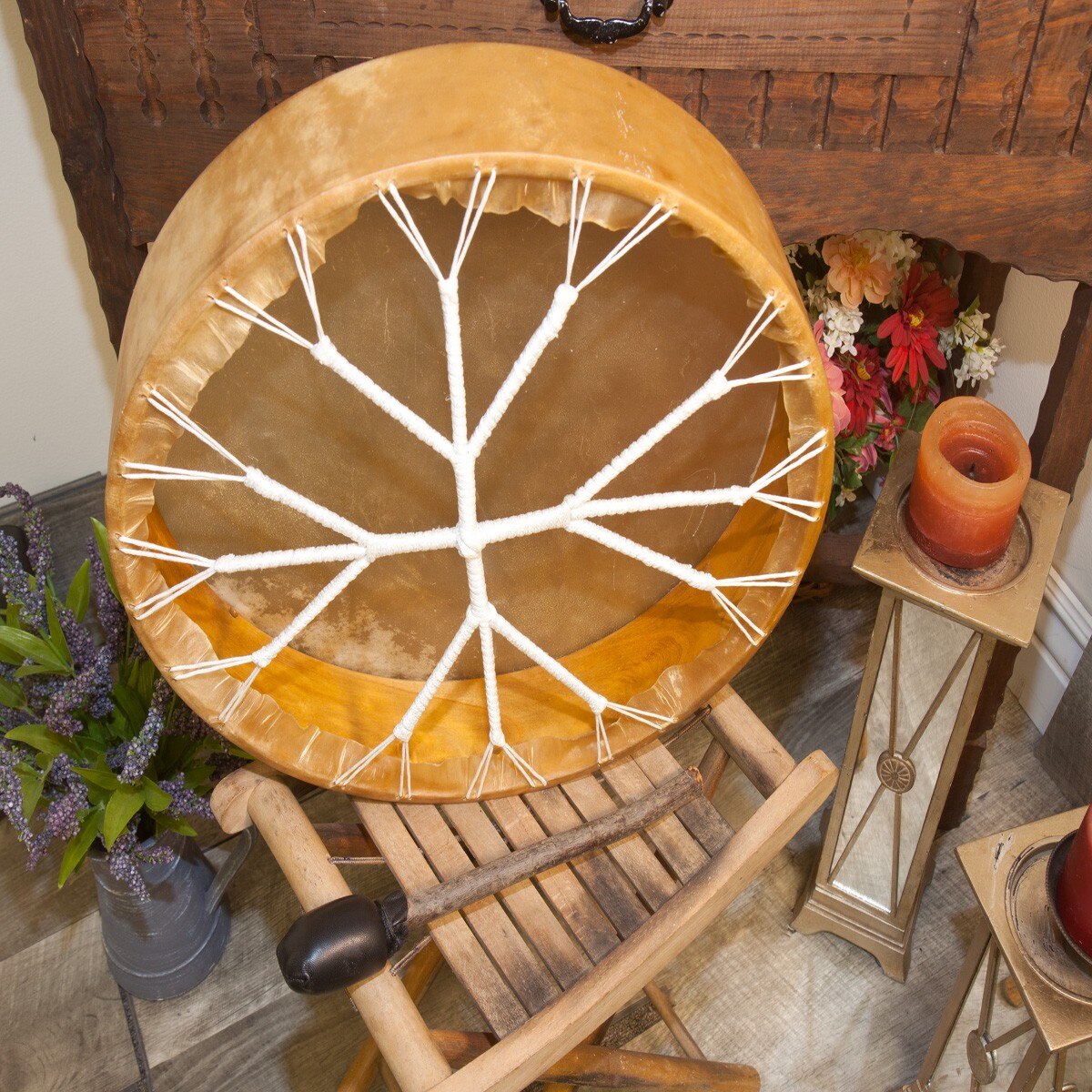Back of the Roosebeck 16 inch frame drum showing the Tree of Life rawhide lacing