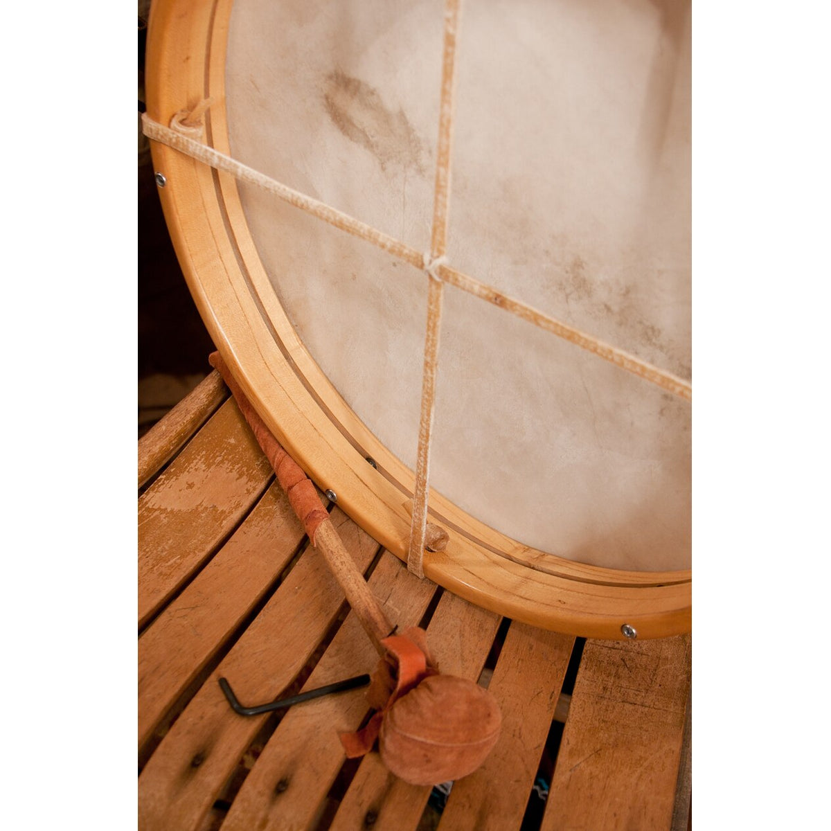 Roosebeck 16 inch tunable frame drum with its leather beater
