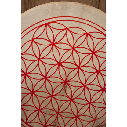 Close view of the red Circle of Life design on the Roosebeck 18 inch frame drum