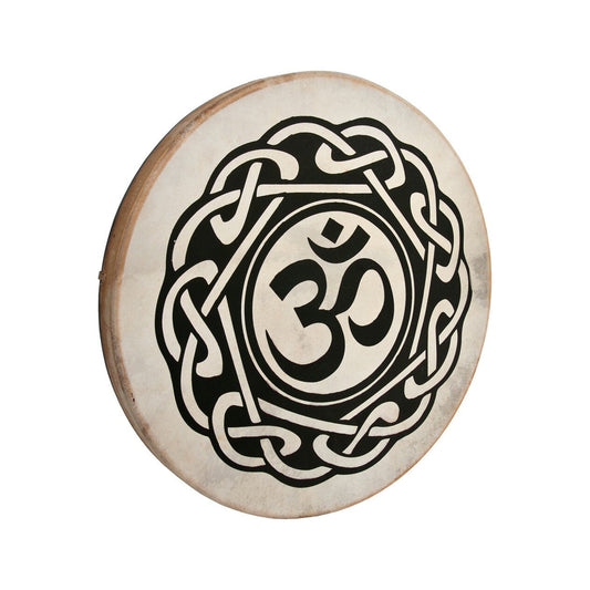Roosebeck 22 inch Om frame drum with a black Om symbol in a Celtic knot border on the goatskin head
