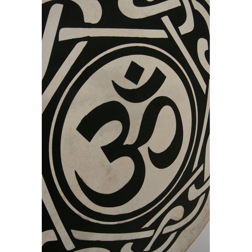 Close view of the painted Om symbol and knotwork on the Roosebeck 22 inch frame drum