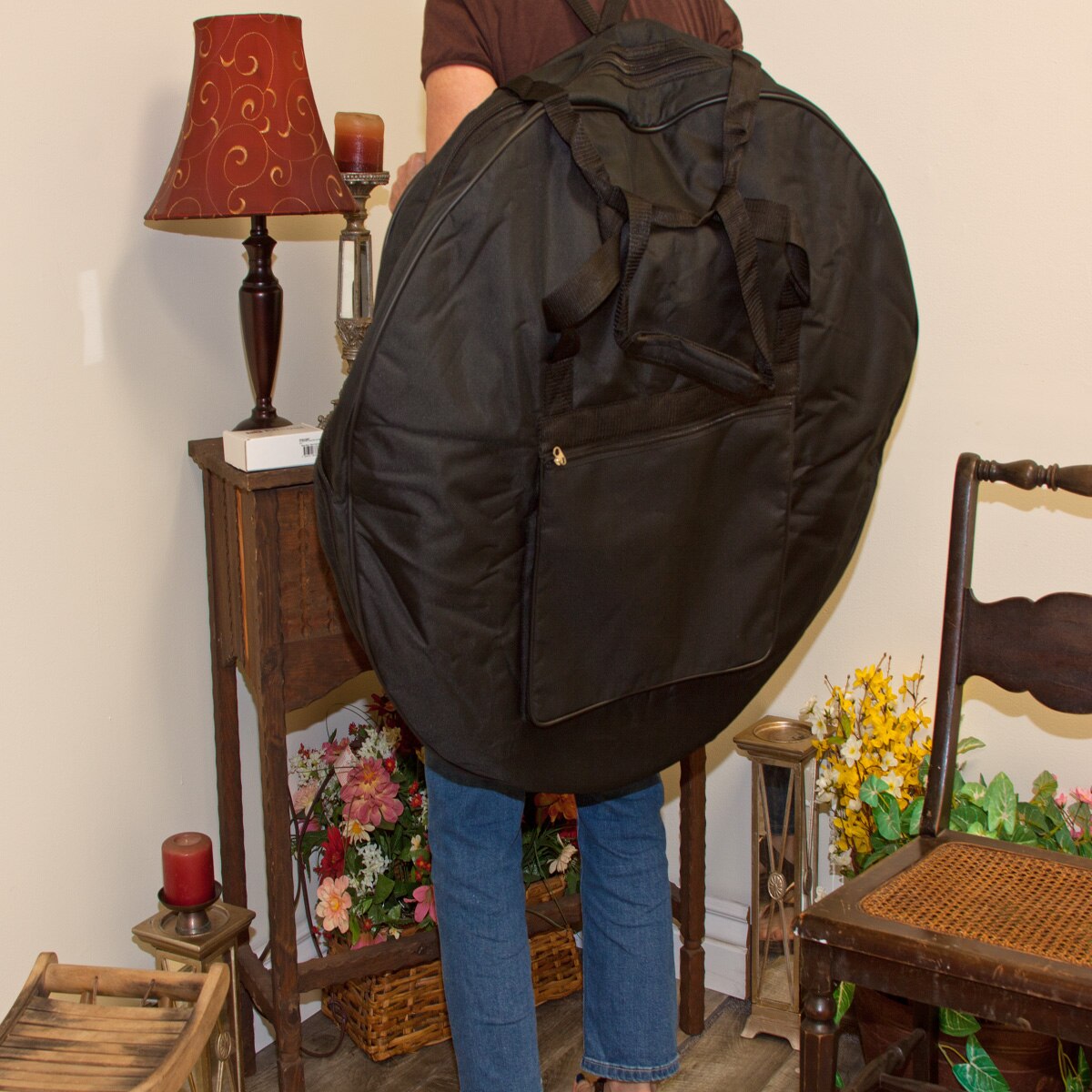 Roosebeck 30 inch frame drum gig bag worn as a backpack