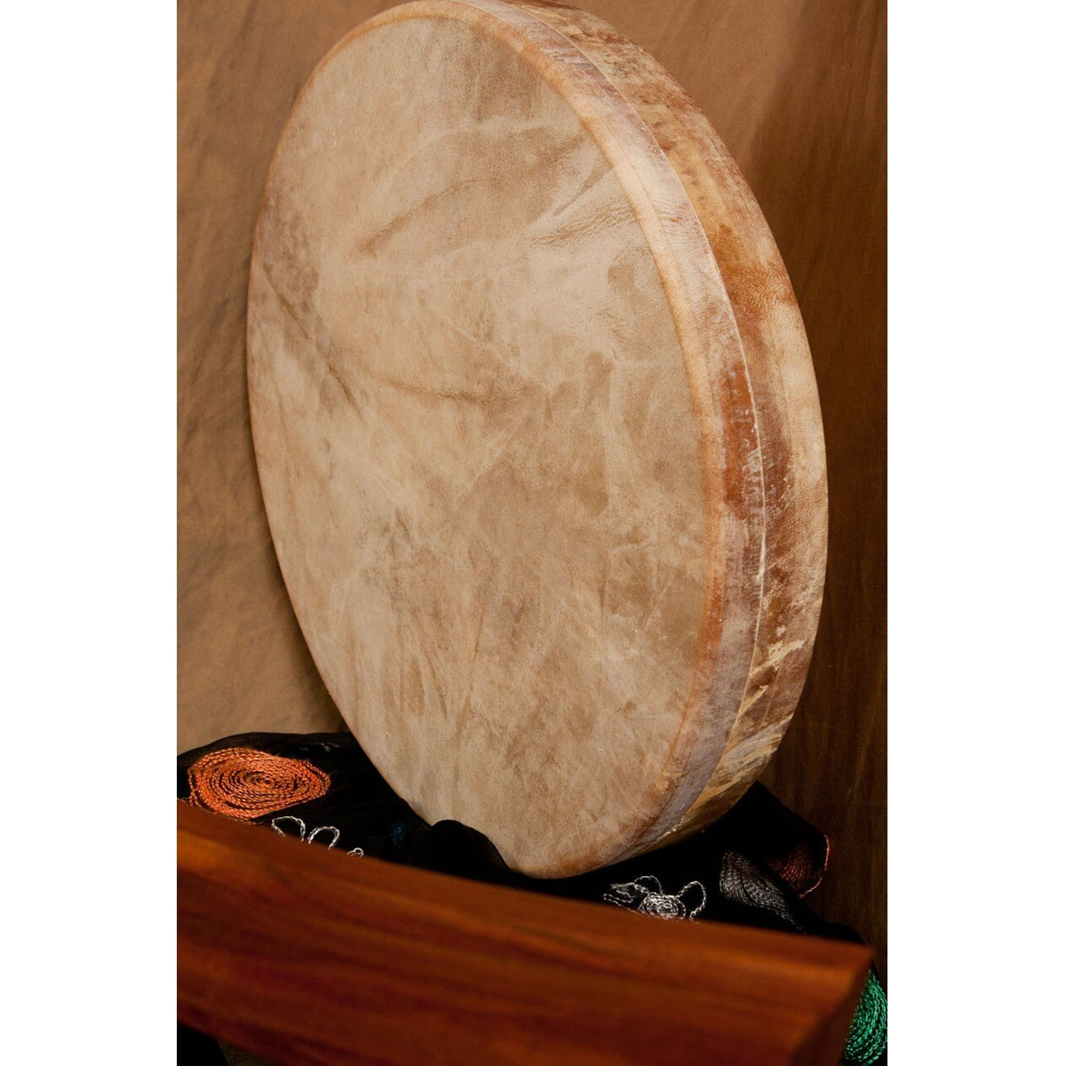 Close view of the goatskin head of the Roosebeck rain drum