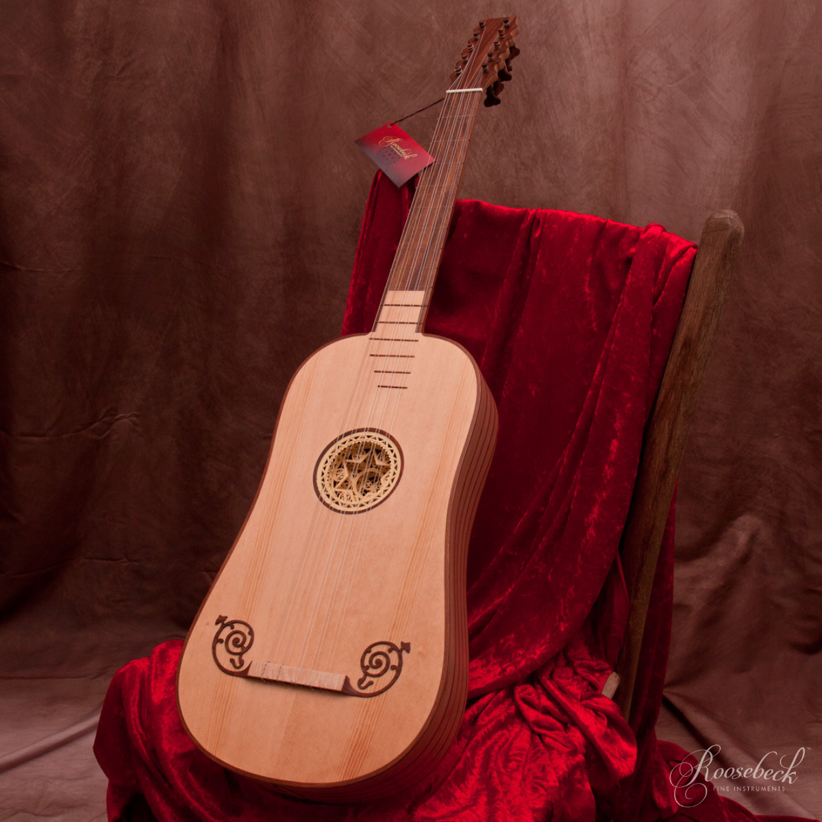 Roosebeck Baroque Guitar 5-Course, Lacewood & Rosewood on Chair