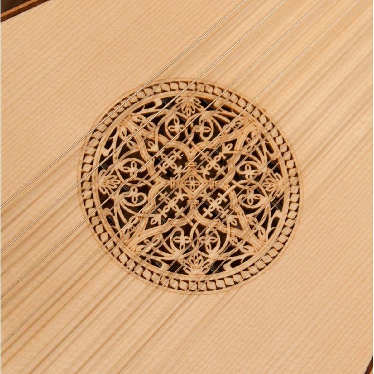 Roosebeck 8-Course Travel Lute, close-up of the carved rosette