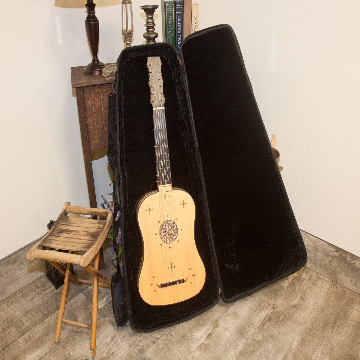 Roosebeck Vihuela 6-Course resting in its open padded gig bag